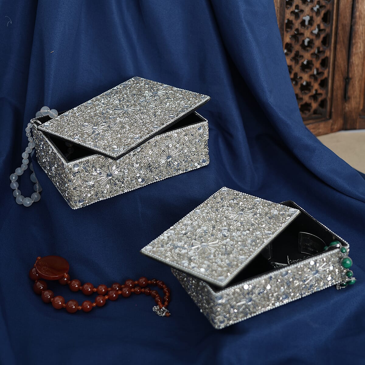 Handcrafted Set of 2 Silver Beaded Decorated Nested Box image number 1