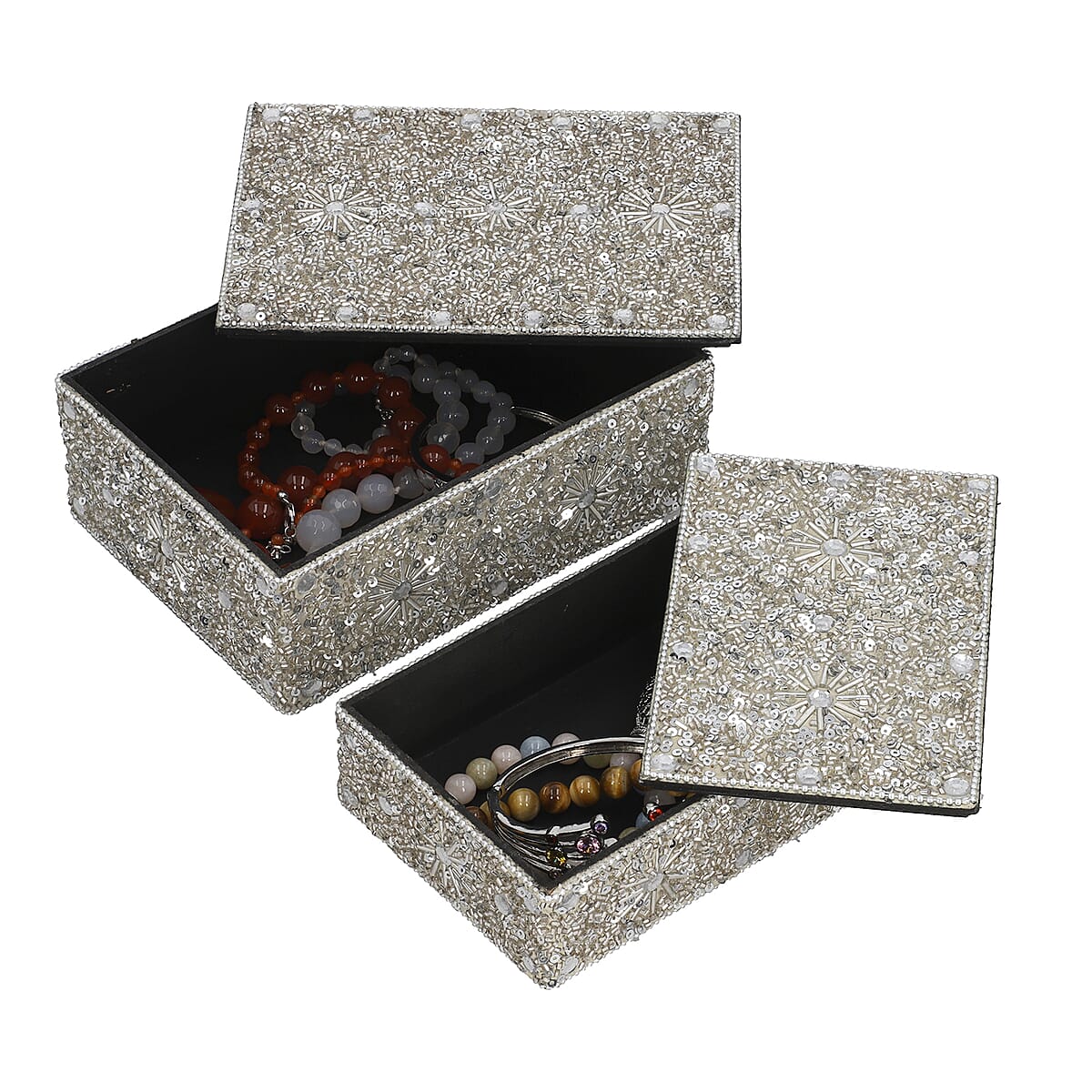 Handcrafted Set of 2 Silver Beaded Decorated Nested Box image number 4