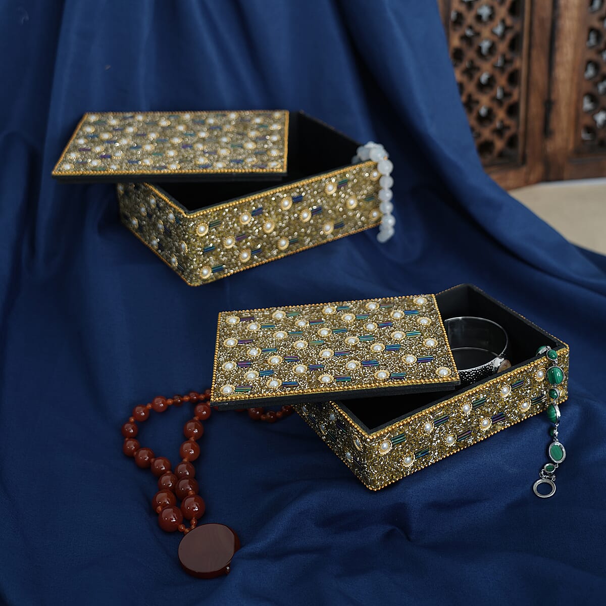 Handcrafted Set of 2 Golden Beaded Decorated Nested Box image number 1