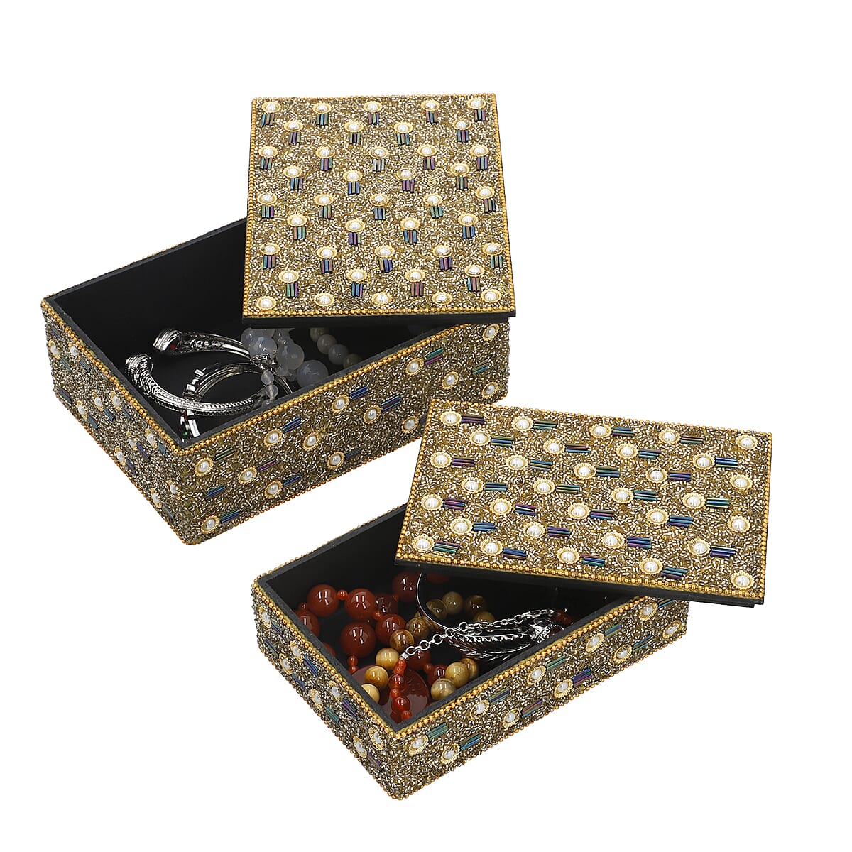 Handcrafted Set of 2 Golden Beaded Decorated Nested Box image number 4