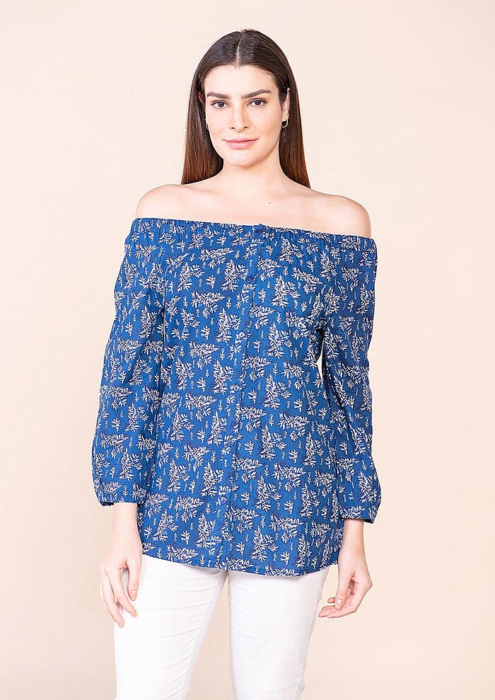 Tamsy Blue Floral Rayon Off Shoulder Top -L