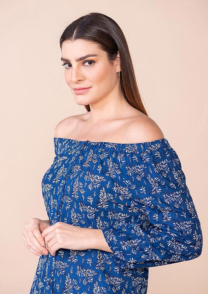 Tamsy Blue Floral Rayon Off Shoulder Top -L