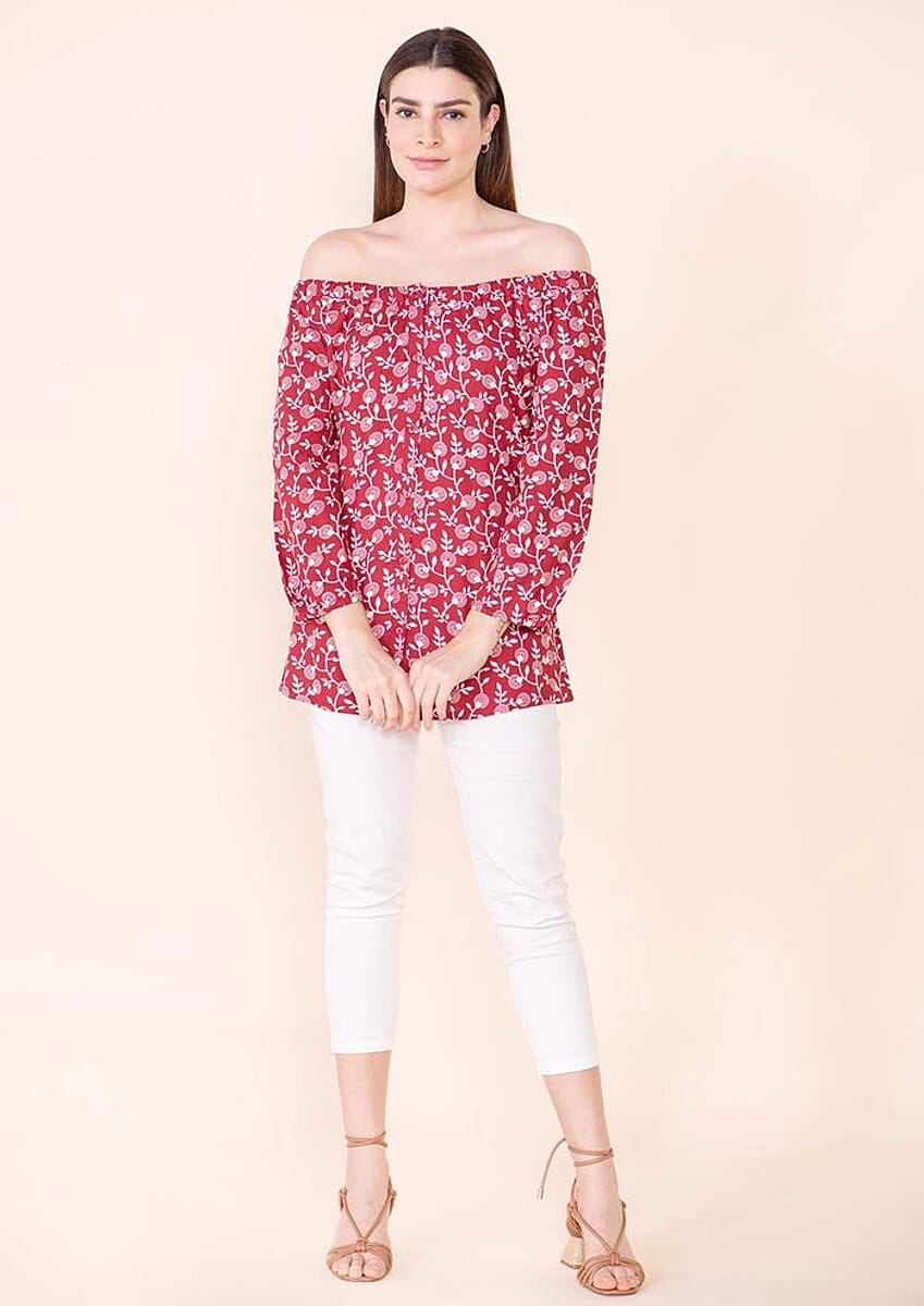 Tamsy Red Rayon Off Shoulder Top -L image number 0