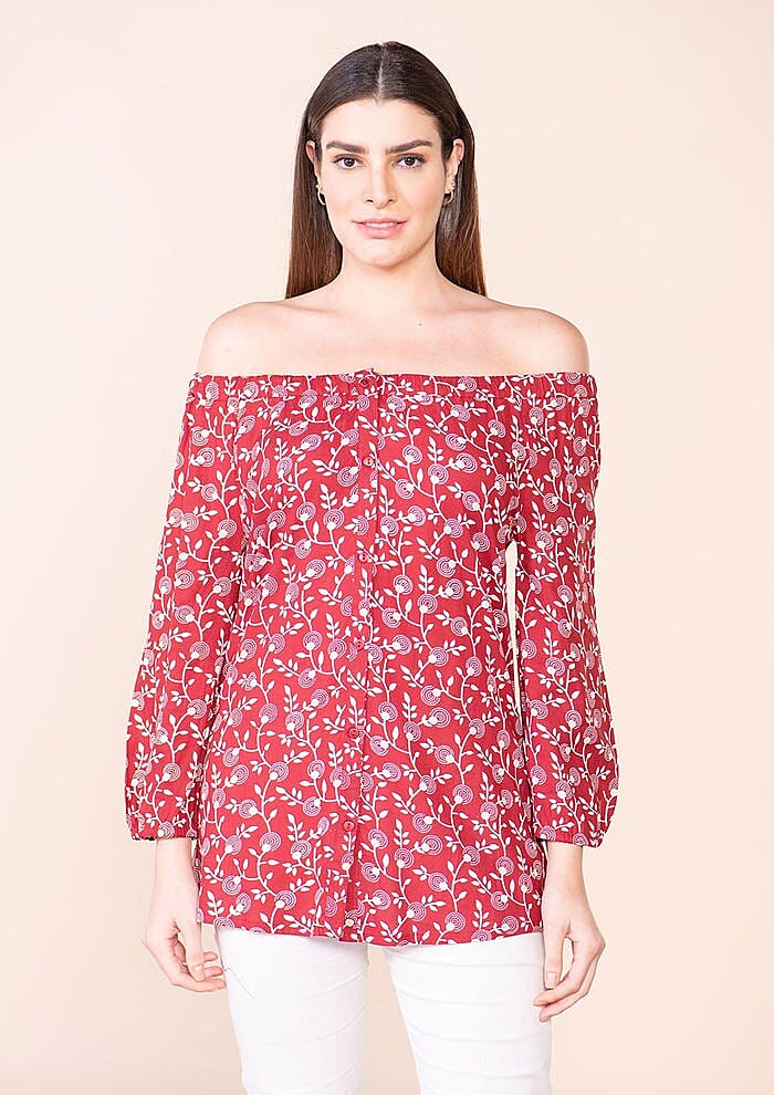 Tamsy Red Floral Rayon Off Shoulder Top -L