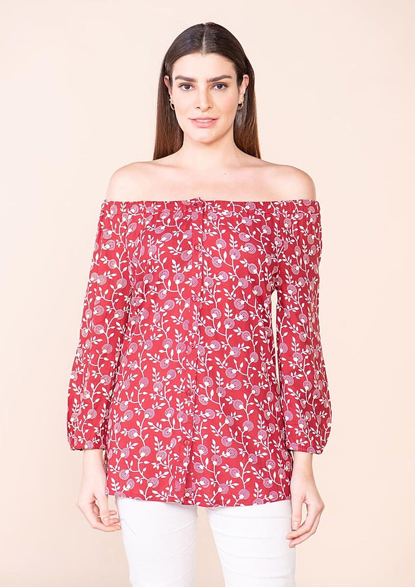 Tamsy Red Rayon Off Shoulder Top -L image number 2