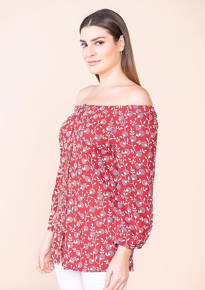 Tamsy Red Floral Rayon Off Shoulder Top -L