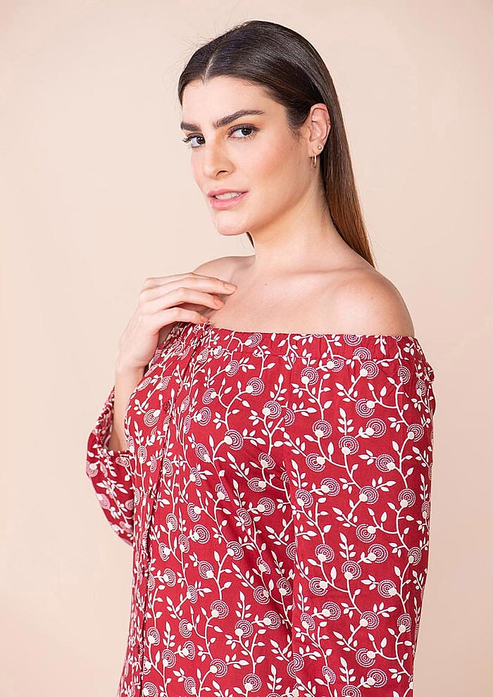 Tamsy Red Floral Rayon Off Shoulder Top -L
