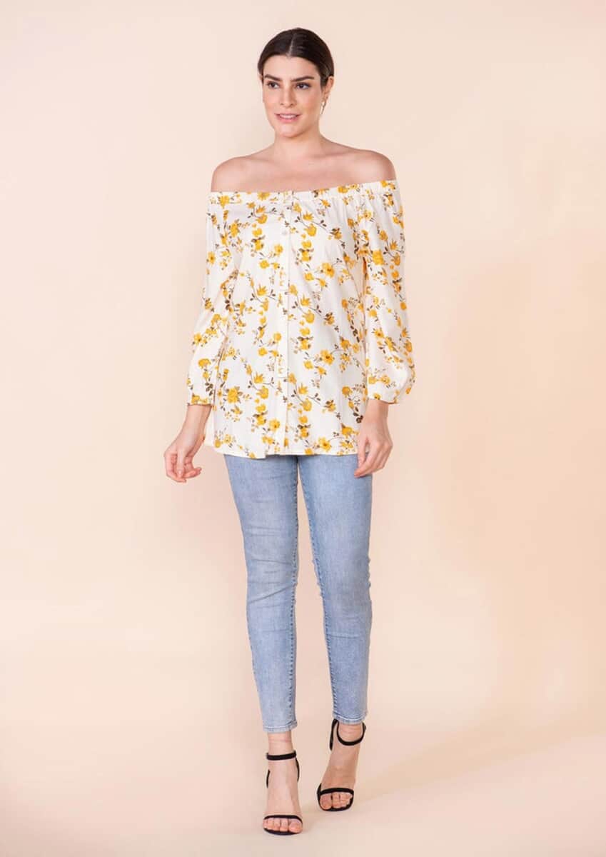 Tamsy Yellow floral pattern Off Shoulder Top -L image number 0