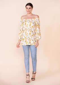 Tamsy Yellow floral pattern Off Shoulder Top -L