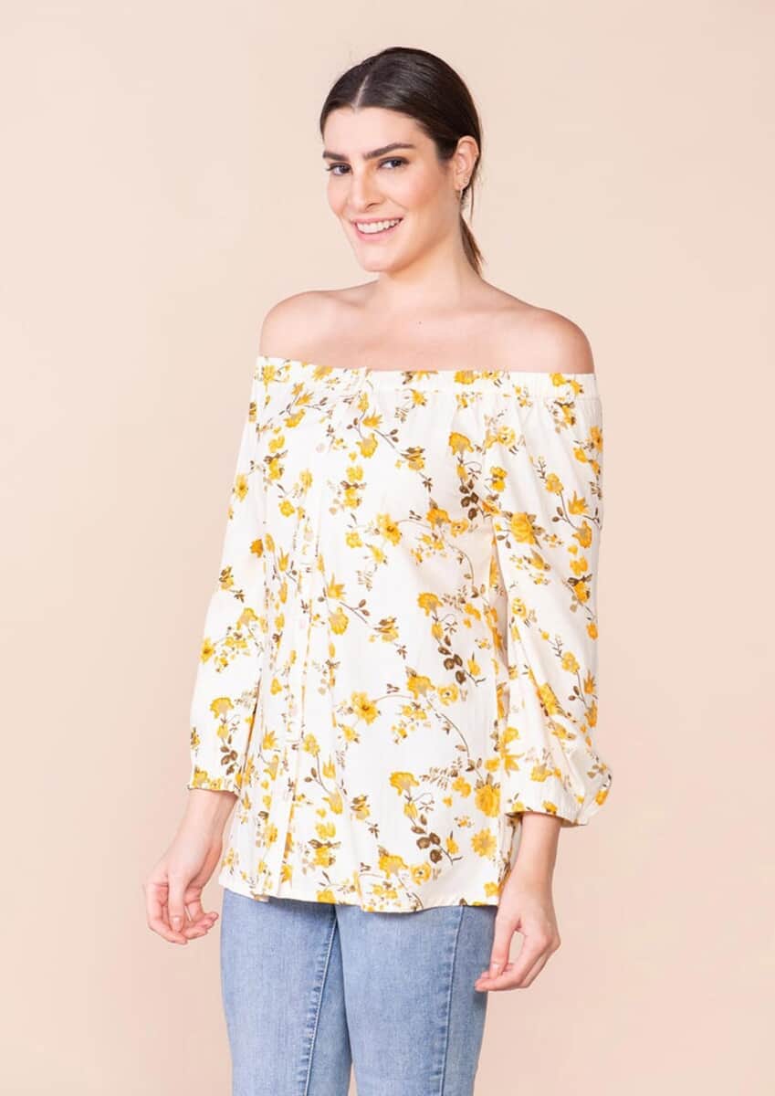 Tamsy Yellow floral pattern Off Shoulder Top -L image number 4