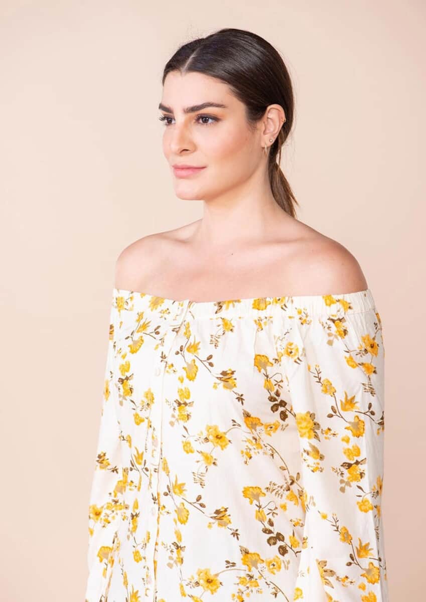 Tamsy Yellow floral pattern Off Shoulder Top -L image number 5