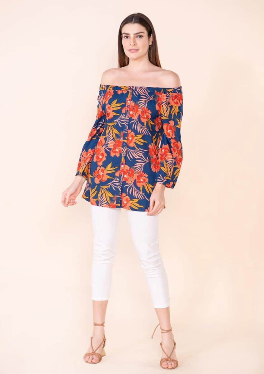 Tamsy Navy Blue Floral Pattern Rayon Off Shoulder Top -L image number 0