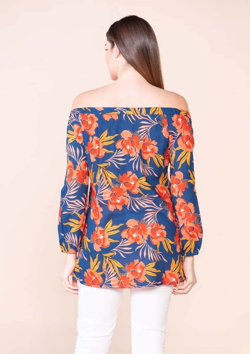 Tamsy Navy Blue Floral Pattern Rayon Off Shoulder Top -L image number 1