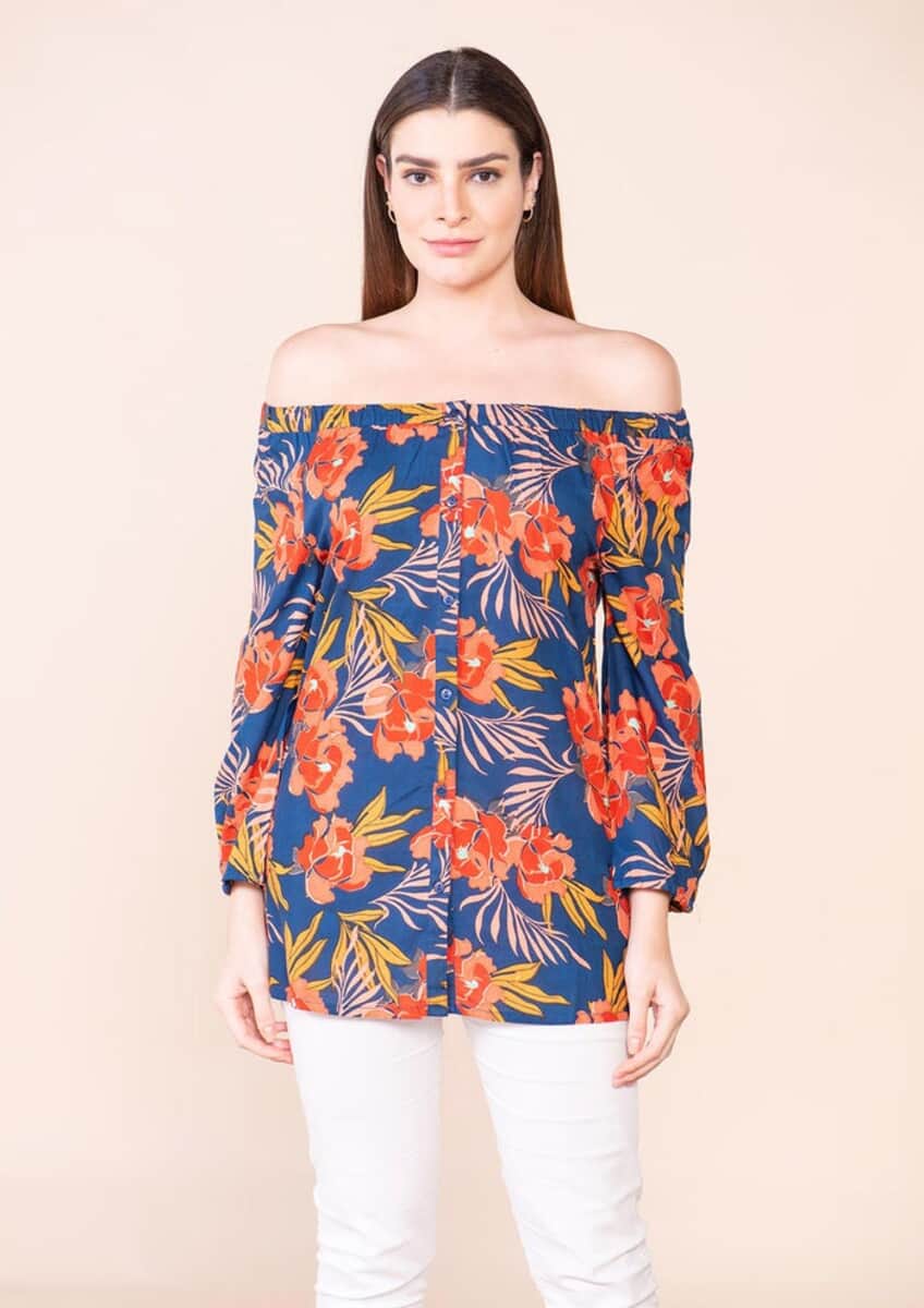 Tamsy Navy Blue Floral Pattern Rayon Off Shoulder Top -L image number 2