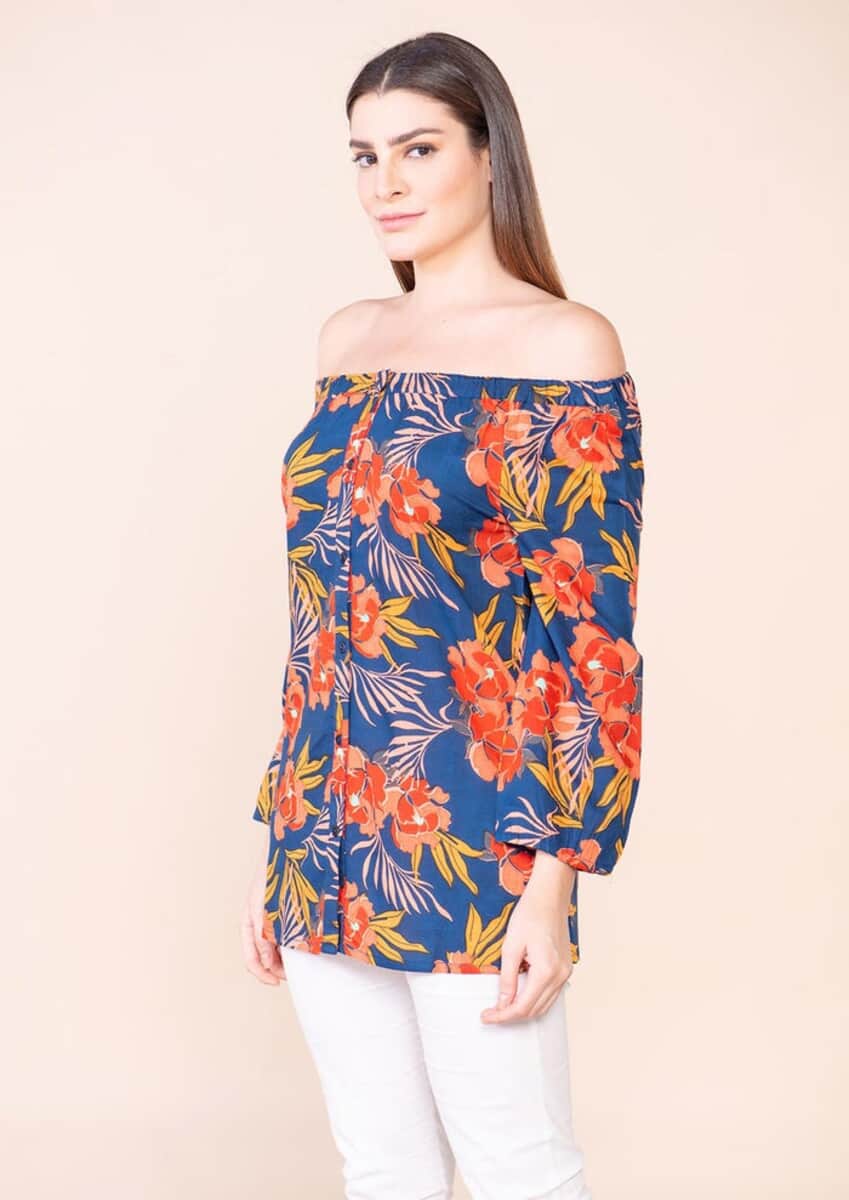 Tamsy Navy Blue Floral Pattern Rayon Off Shoulder Top -L image number 3