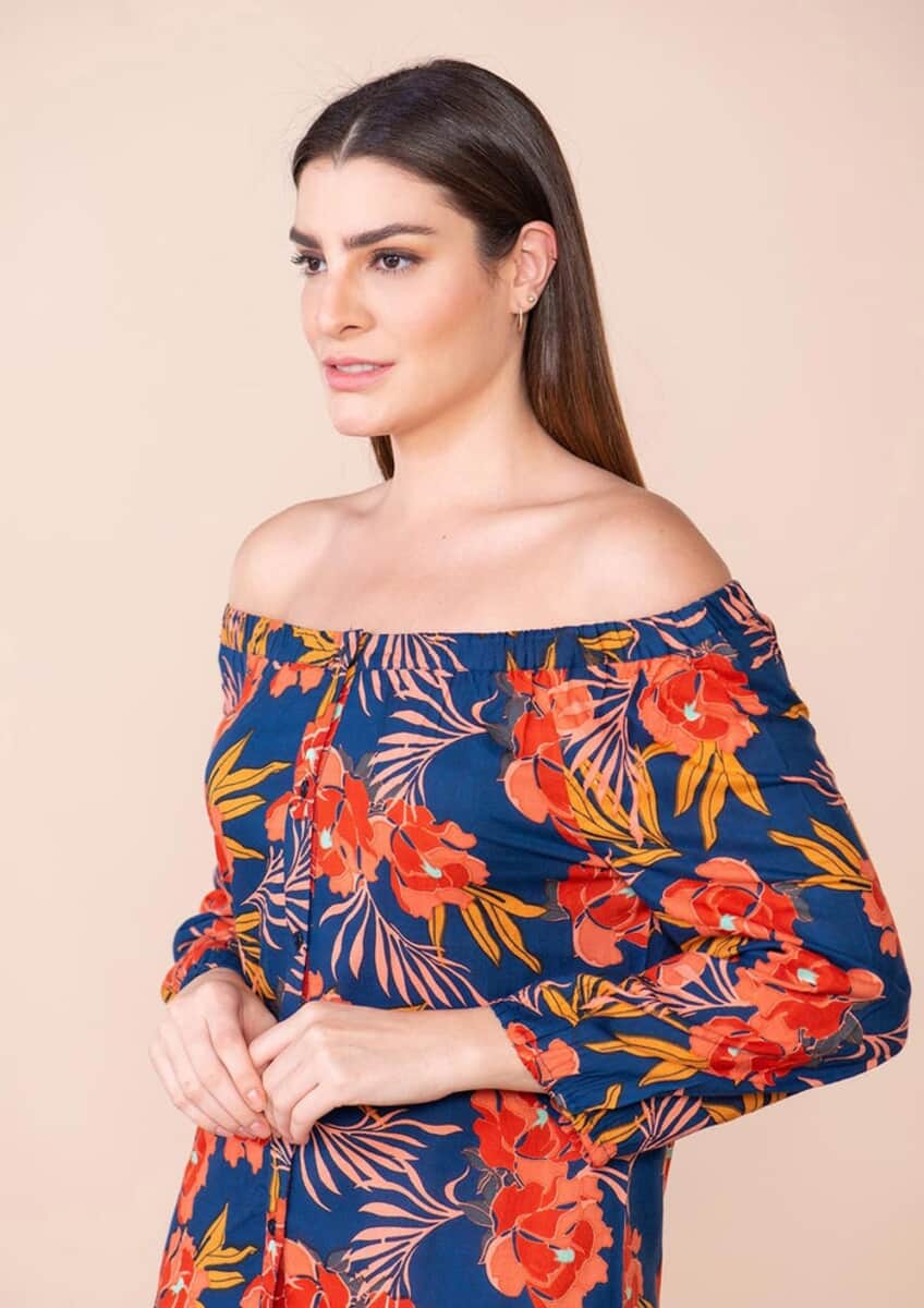 Tamsy Navy Blue Floral Pattern Rayon Off Shoulder Top -L image number 4