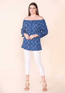 Tamsy Blue Floral Rayon Off Shoulder Top -M