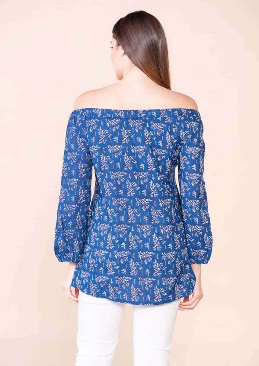 Tamsy Blue Floral Rayon Off Shoulder Top -M image number 1