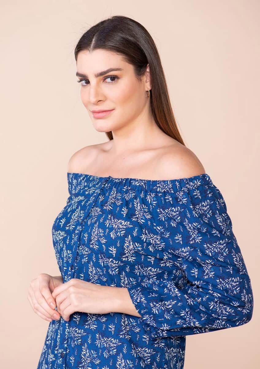 Tamsy Blue Floral Rayon Off Shoulder Top -M image number 5