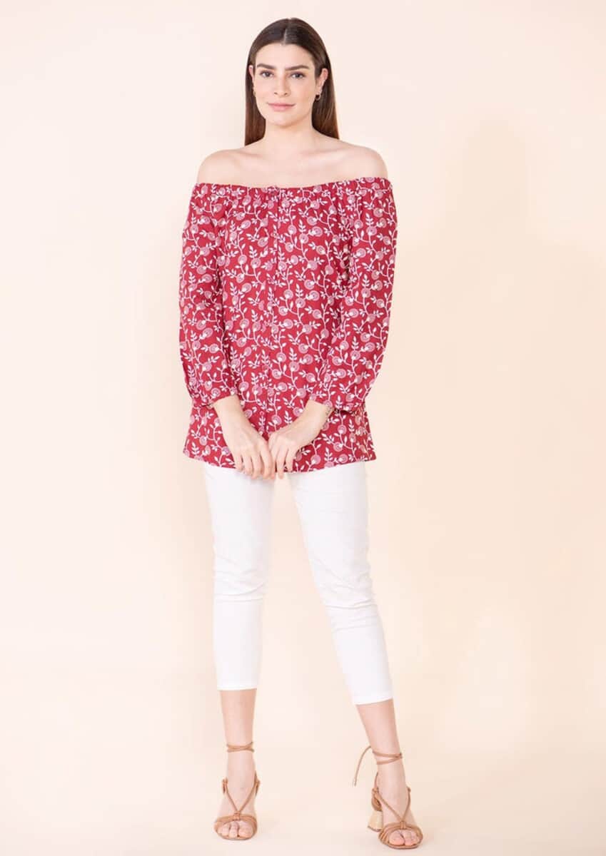 Tamsy Red Floral Rayon Off Shoulder Top -M image number 0