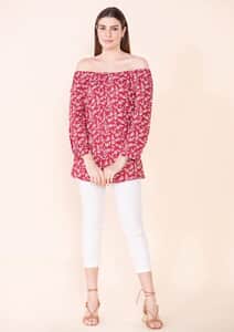 Tamsy Red Floral Rayon Off Shoulder Top -M