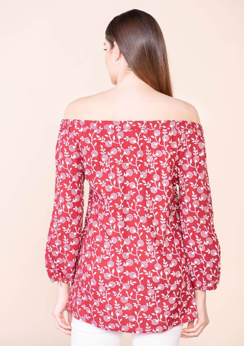 Tamsy Red Floral Rayon Off Shoulder Top -M image number 1