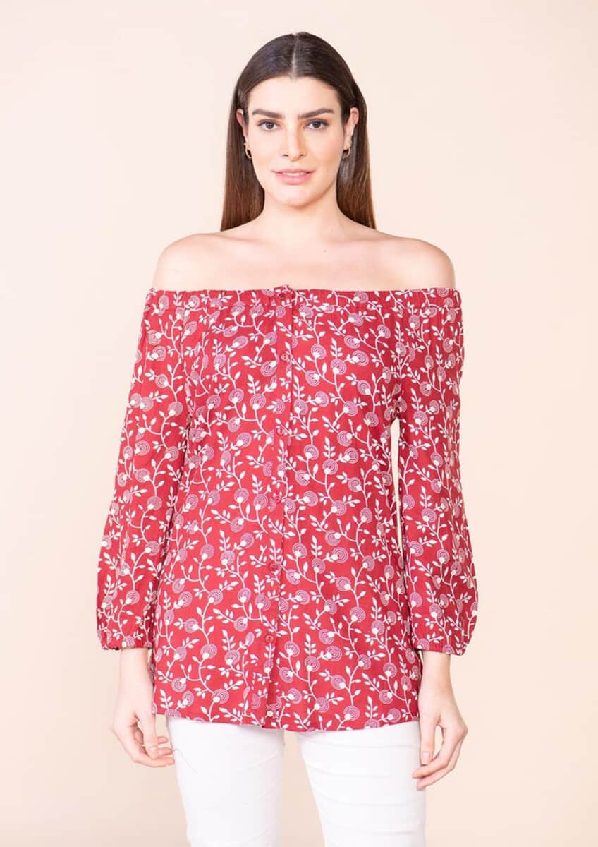 Tamsy Red Floral Rayon Off Shoulder Top -M image number 2