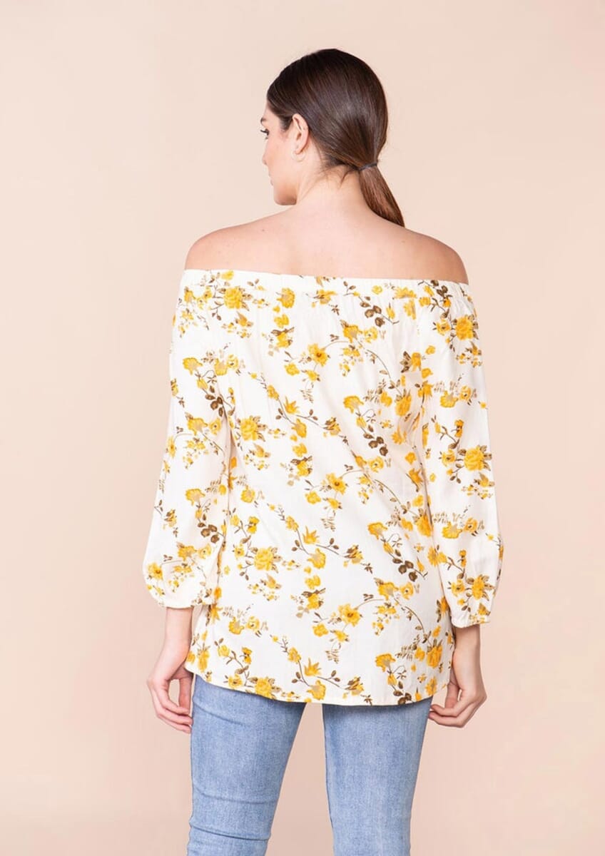 Tamsy yellow floral pattern Off Shoulder Top -M image number 1