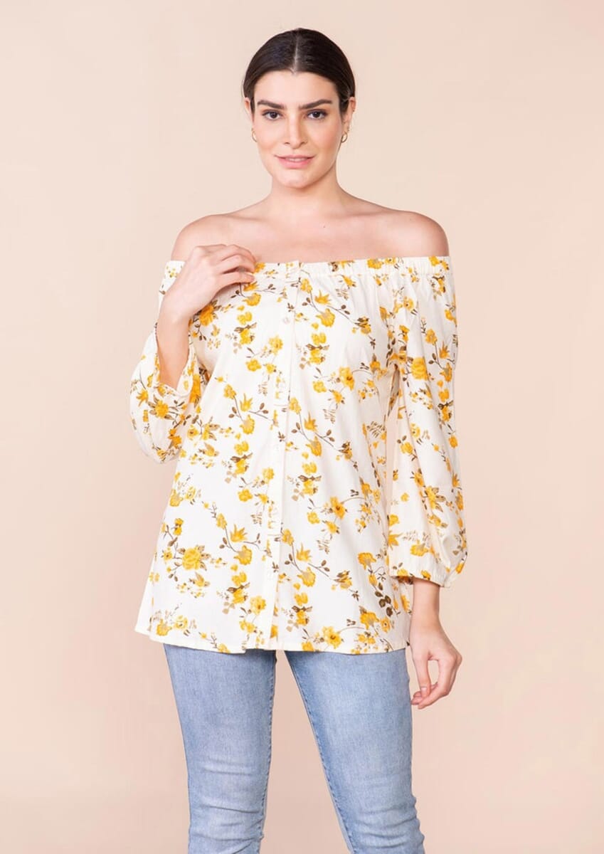 Tamsy yellow floral pattern Off Shoulder Top -M image number 2