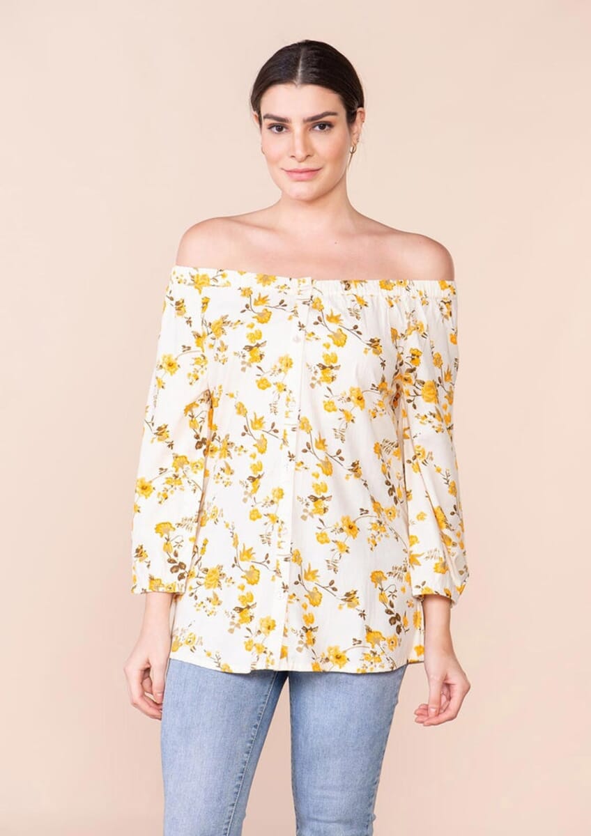 Tamsy yellow floral pattern Off Shoulder Top -M image number 3