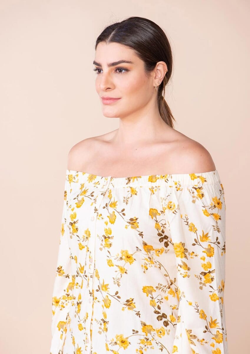 Tamsy yellow floral pattern Off Shoulder Top -M image number 5