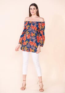 Tamsy Navy Blue Floral Pattern Rayon Off Shoulder Top -M
