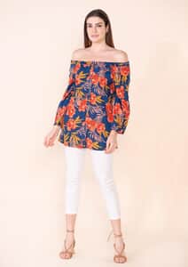 Tamsy Navy Blue Floral Pattern Rayon Off Shoulder Top -XL