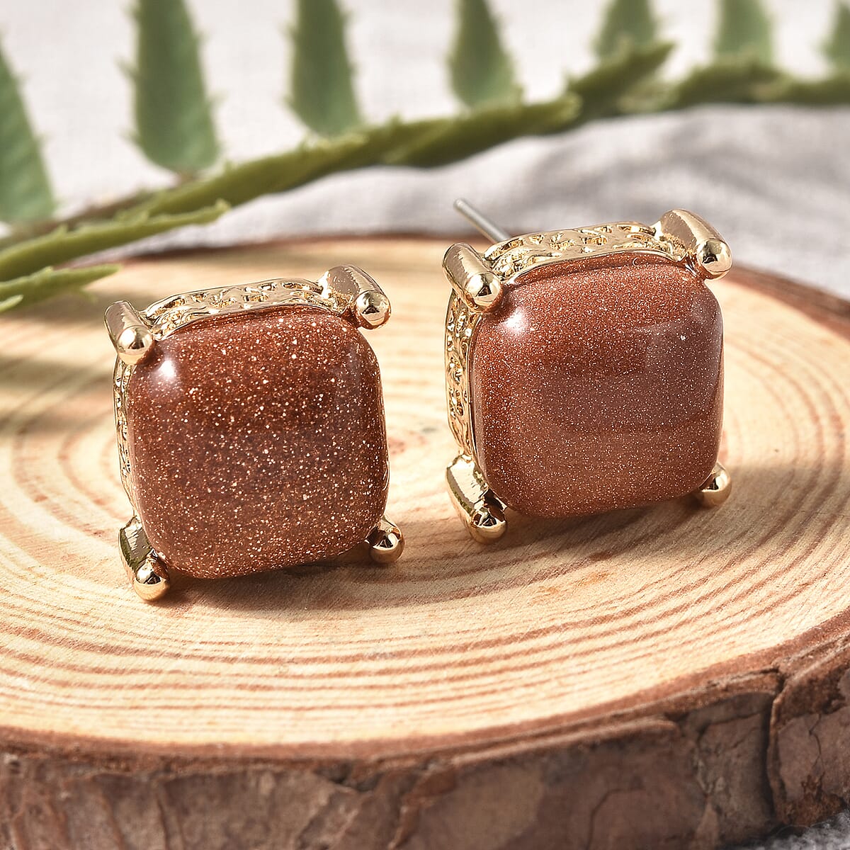 Gold Sandstone Button Shape Stud Earrings in Goldtone 2.00 ctw image number 1