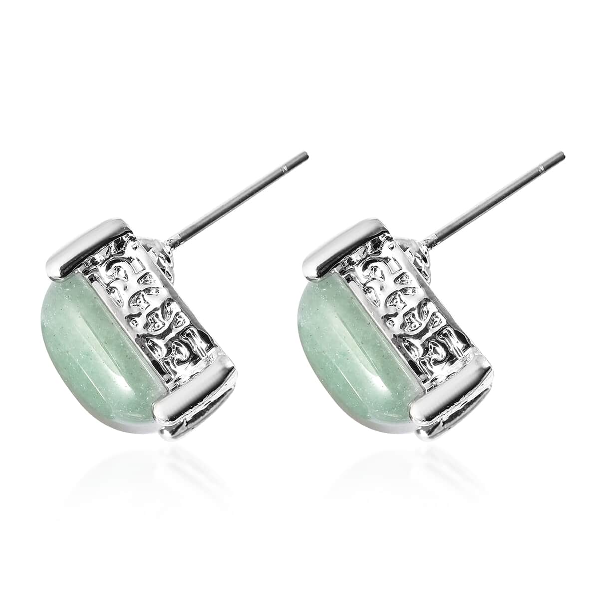 Green Aventurine Button Shape Stud Earrings in Silvertone 2.00 ctw image number 3