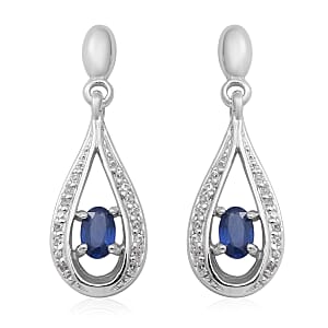 Ceylon Blue Sapphire and Natural White Zircon Earrings in Platinum Over Sterling Silver 0.90 ctw