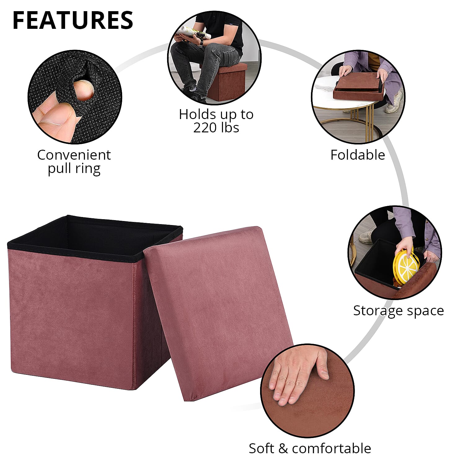 Pink Velvet Outer and Woven Inner Folding Ottoman