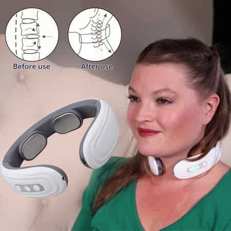White Neck Massager for Pain Relief, Intelligent Neck Massager with Magnetic effect, Muscle Relax Tool, 6 Massage Modes, Automatic Massager Device with two extended massage patches(Off-White) image number 1