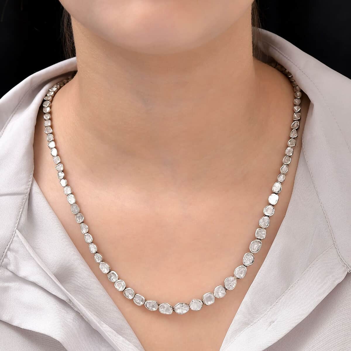 Artisan Crafted Polki Diamond Tennis Necklace 20 Inches in Platinum Over Sterling Silver 13.50 ctw image number 2