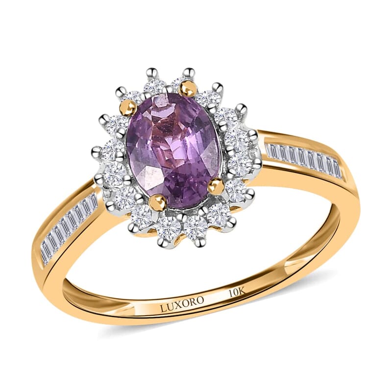 Luxoro 10K Yellow Gold AAA Purple Sapphire and Diamond Halo Ring (Size 10.0) 1.15 ctw