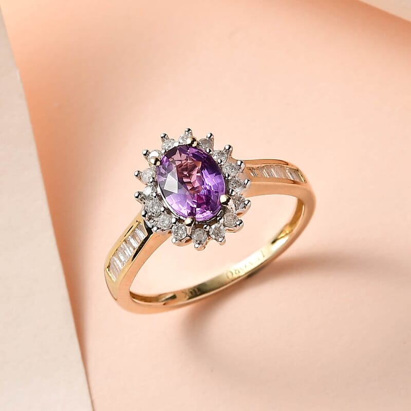 Luxoro 10K Yellow Gold AAA Purple Sapphire and Diamond Halo Ring (Size 10.0) 1.15 ctw