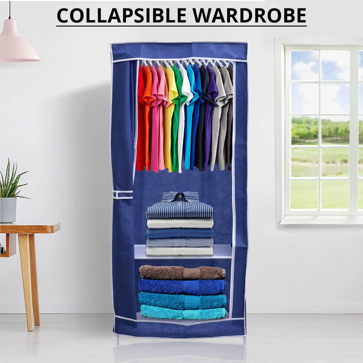 Blue Collapsible Wardrobe with 2 Outer pockets and Zippered Door (27"x17"X59") (Non-Woven Fabric) image number 1