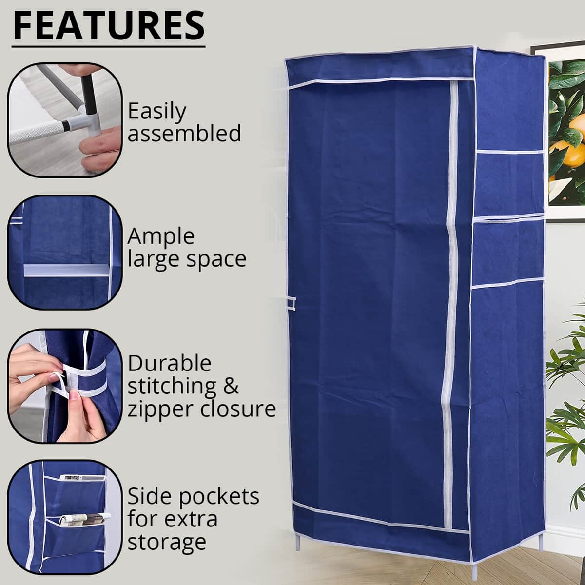 Blue Collapsible Wardrobe with 2 Outer pockets and Zippered Door (27"x17"X59") (Non-Woven Fabric) image number 2