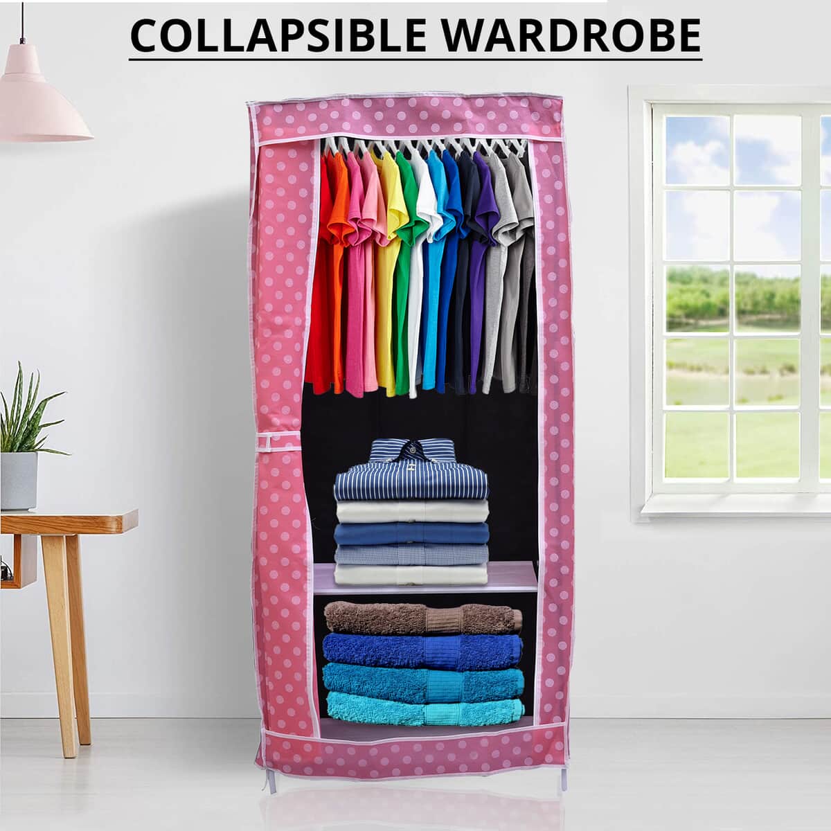 Pink Collapsible Wardrobe with 2 Outer pockets and Zippered Door (Non-Woven Fabric) image number 1