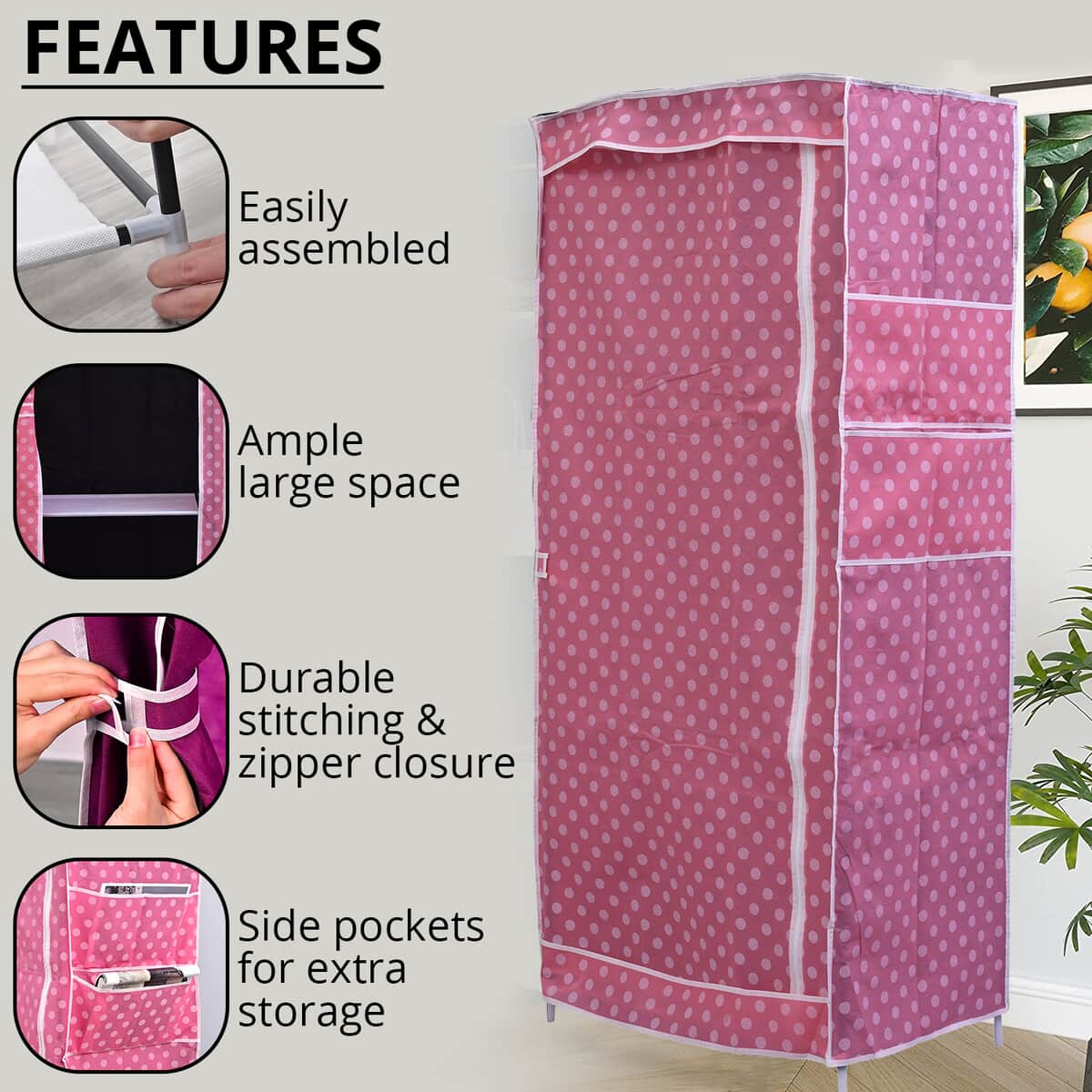 Pink Collapsible Wardrobe with 2 Outer pockets and Zippered Door (Non-Woven Fabric) image number 2