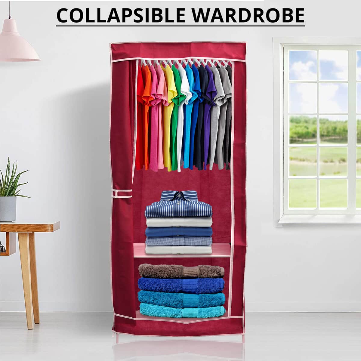 Red Collapsible Wardrobe with 2 Outer pockets and Zippered Door (Non-Woven Fabric) image number 1