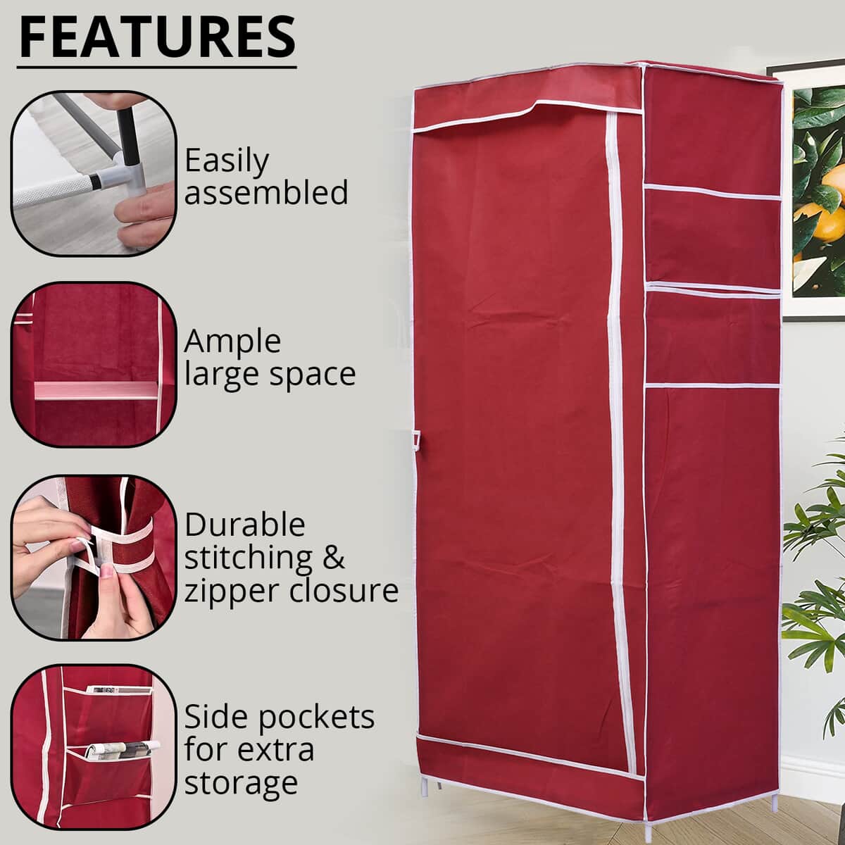 Red Collapsible Wardrobe with 2 Outer pockets and Zippered Door (Non-Woven Fabric) image number 2