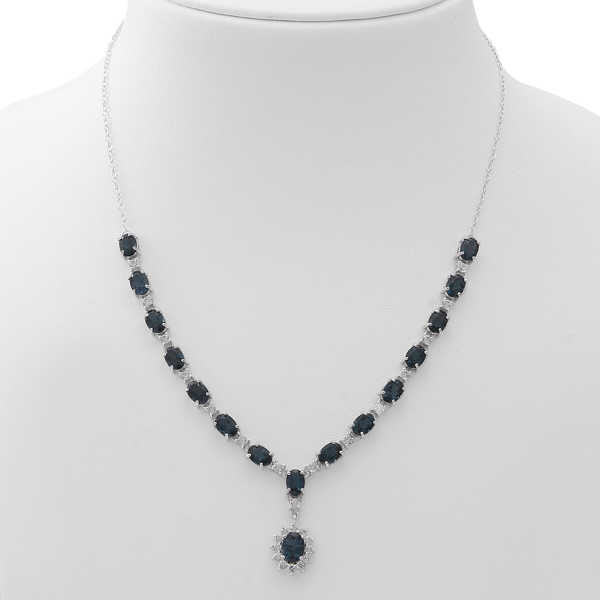 London Blue Topaz and Natural White Zircon Necklace 18 Inches in Platinum Over Sterling Silver 10 Grams 18.30 ctw