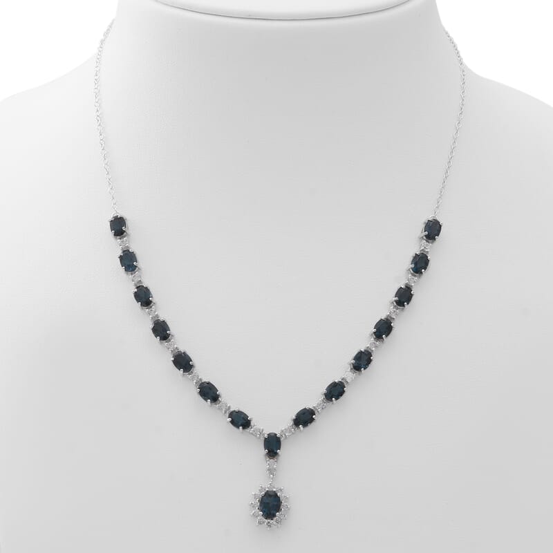 London Blue Topaz and Natural White Zircon Necklace 18 Inches in Platinum Over Sterling Silver 10 Grams 18.30 ctw