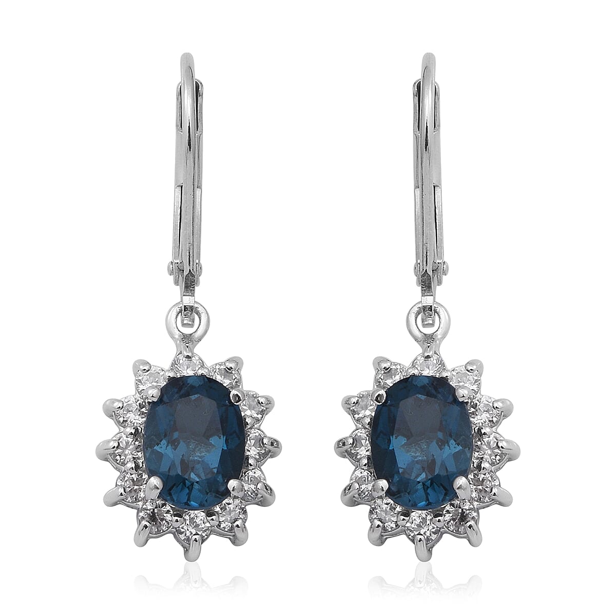 London Blue Topaz and Natural White Zircon Sunburst Lever Back Earrings in Platinum Over Sterling Silver 4.10 ctw